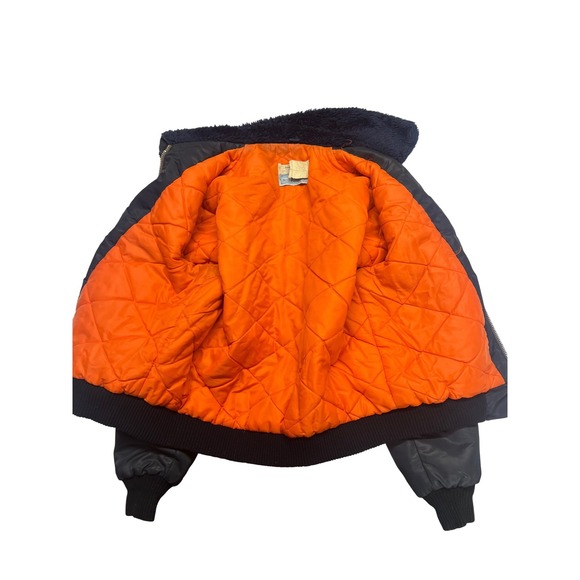 Vintage Sears Work Leisure Men's Navy Bomber Jacket Faux Fur Collar Aviator - Picture 14 of 16